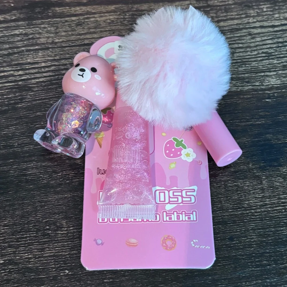 Pink Bear Lip Gloss Balm Set Pom Pom Keychain Y2K Kawaii Glitter Accessory